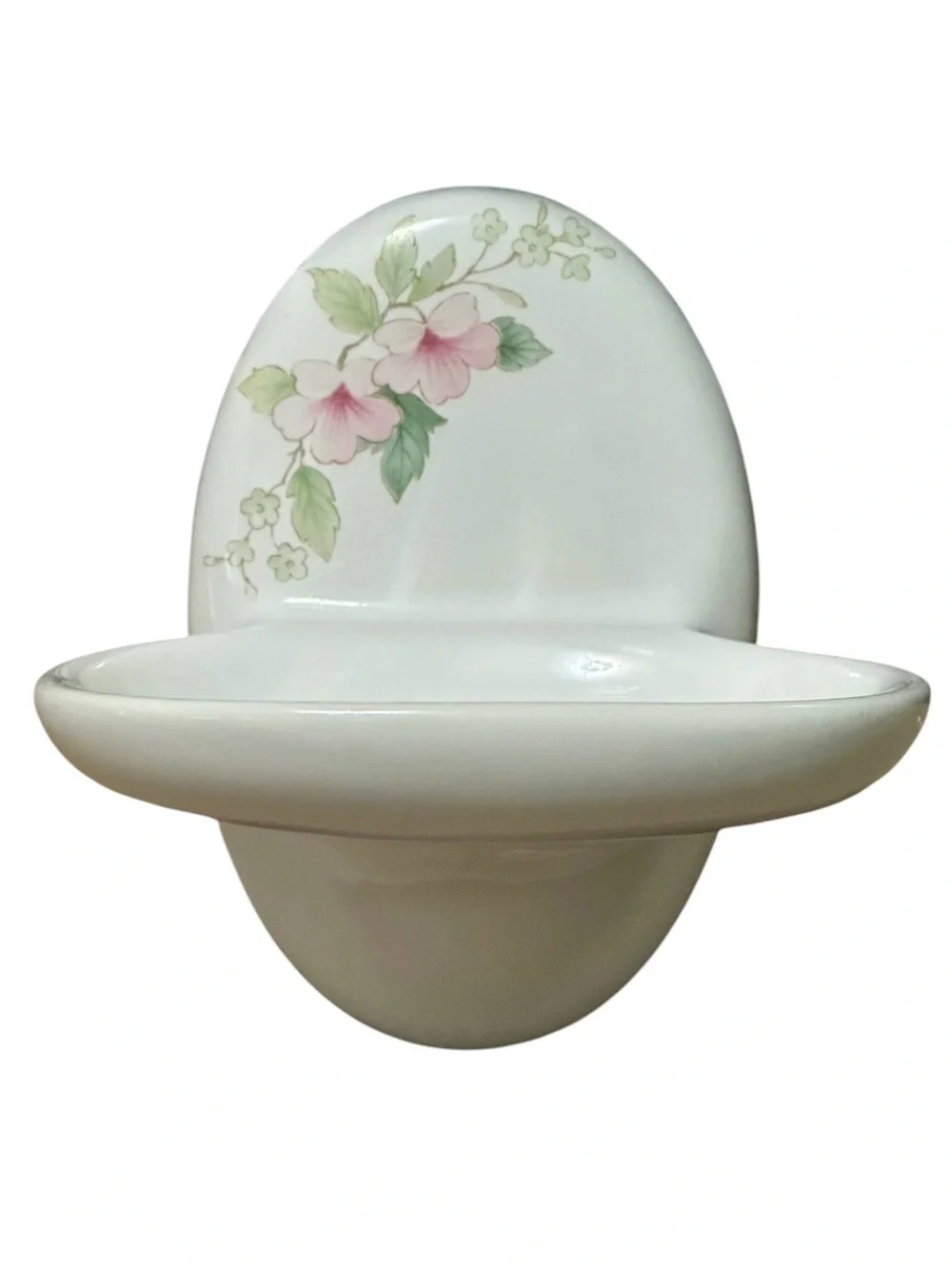 Vtg White Porcelain Wall Mount Soap Holder Dish Wall Bracket Pink Floral 5.5